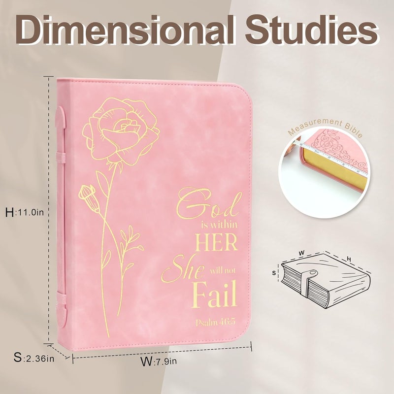 GUEER Bible Cover for Women, Bible Holder, Bible Cover Carrier Carrying Organizer Bag, God is Within Her She Will Not Fall, Zipper and Pockets for Standard Size Bible, Gift for Women(Pink-glod) - Image 4